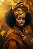 photo of emotional dynamic pose African woman in autumn AI Generative