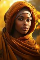 photo of emotional dynamic pose African woman in autumn AI Generative