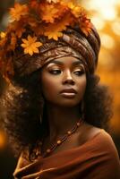 photo of emotional dynamic pose African woman in autumn AI Generative