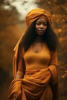 photo of emotional dynamic pose African woman in autumn AI Generative