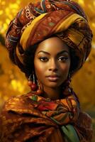 photo of emotional dynamic pose African woman in autumn AI Generative