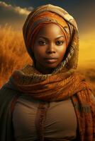 photo of emotional dynamic pose African woman in autumn AI Generative