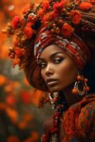 photo of emotional dynamic pose African woman in autumn AI Generative