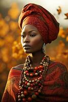 photo of emotional dynamic pose African woman in autumn AI Generative