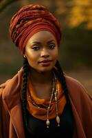 photo of emotional dynamic pose African woman in autumn AI Generative