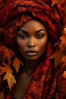 photo of emotional dynamic pose African woman in autumn AI Generative