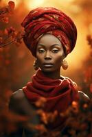 photo of emotional dynamic pose African woman in autumn AI Generative