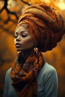 photo of emotional dynamic pose African woman in autumn AI Generative