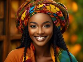 photo of emotional dynamic pose African woman in autumn AI Generative