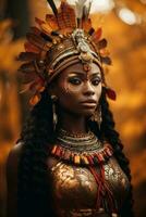 photo of emotional dynamic pose African woman in autumn AI Generative