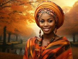 foto de emocional dinámica actitud africano mujer en otoño ai generativo