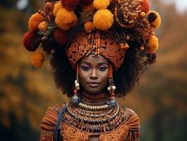 photo of emotional dynamic pose African woman in autumn AI Generative