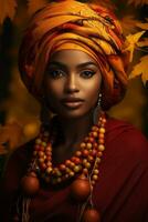 photo of emotional dynamic pose African woman in autumn AI Generative