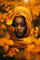 photo of emotional dynamic pose African woman in autumn AI Generative