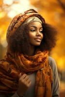 photo of emotional dynamic pose African woman in autumn AI Generative