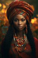 photo of emotional dynamic pose African woman in autumn AI Generative