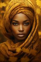 photo of emotional dynamic pose African woman in autumn AI Generative