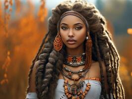 photo of emotional dynamic pose African woman in autumn AI Generative