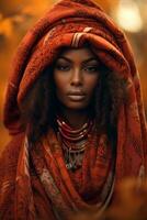 photo of emotional dynamic pose African woman in autumn AI Generative