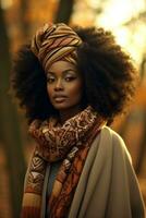 photo of emotional dynamic pose African woman in autumn AI Generative