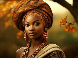 photo of emotional dynamic pose African woman in autumn AI Generative