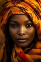 photo of emotional dynamic pose African woman in autumn AI Generative