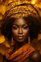 photo of emotional dynamic pose African woman in autumn AI Generative