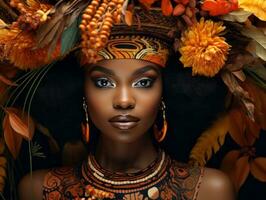 photo of emotional dynamic pose African woman in autumn AI Generative