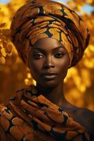 photo of emotional dynamic pose African woman in autumn AI Generative