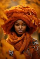 photo of emotional dynamic pose African woman in autumn AI Generative