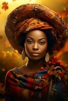 photo of emotional dynamic pose African woman in autumn AI Generative