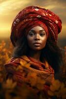 photo of emotional dynamic pose African woman in autumn AI Generative