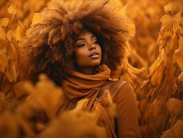 photo of emotional dynamic pose African woman in autumn AI Generative