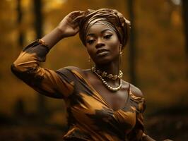 photo of emotional dynamic pose African woman in autumn AI Generative