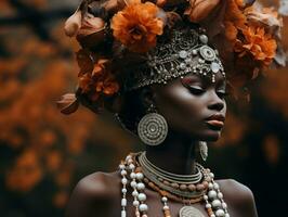 foto de emocional dinámica actitud africano mujer en otoño ai generativo