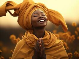 photo of emotional dynamic pose African woman in autumn AI Generative