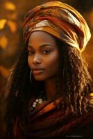 photo of emotional dynamic pose African woman in autumn AI Generative