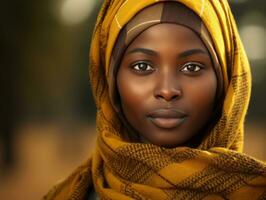 photo of emotional dynamic pose African woman in autumn AI Generative