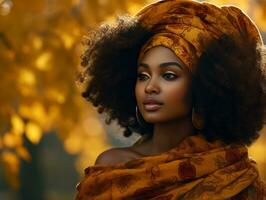 photo of emotional dynamic pose African woman in autumn AI Generative