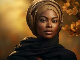 photo of emotional dynamic pose African woman in autumn AI Generative
