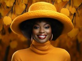 photo of emotional dynamic pose African woman in autumn AI Generative