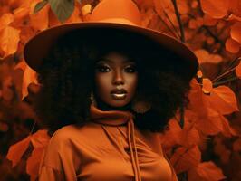 photo of emotional dynamic pose African woman in autumn AI Generative