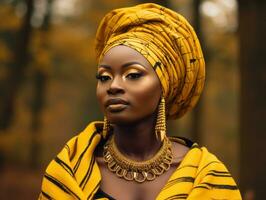 foto de emocional dinámica actitud africano mujer en otoño ai generativo