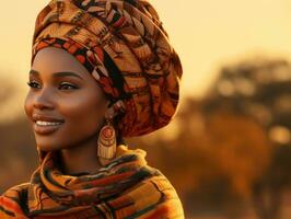 photo of emotional dynamic pose African woman in autumn AI Generative