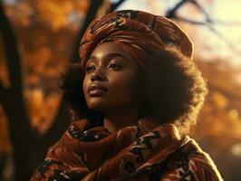 photo of emotional dynamic pose African woman in autumn AI Generative