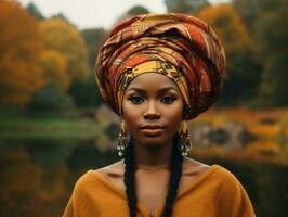 photo of emotional dynamic pose African woman in autumn AI Generative