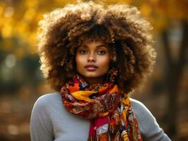 photo of emotional dynamic pose African woman in autumn AI Generative