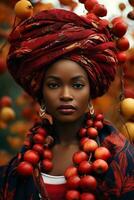 photo of emotional dynamic pose African woman in autumn AI Generative