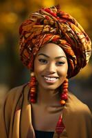 photo of emotional dynamic pose African woman in autumn AI Generative