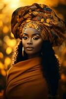 photo of emotional dynamic pose African woman in autumn AI Generative